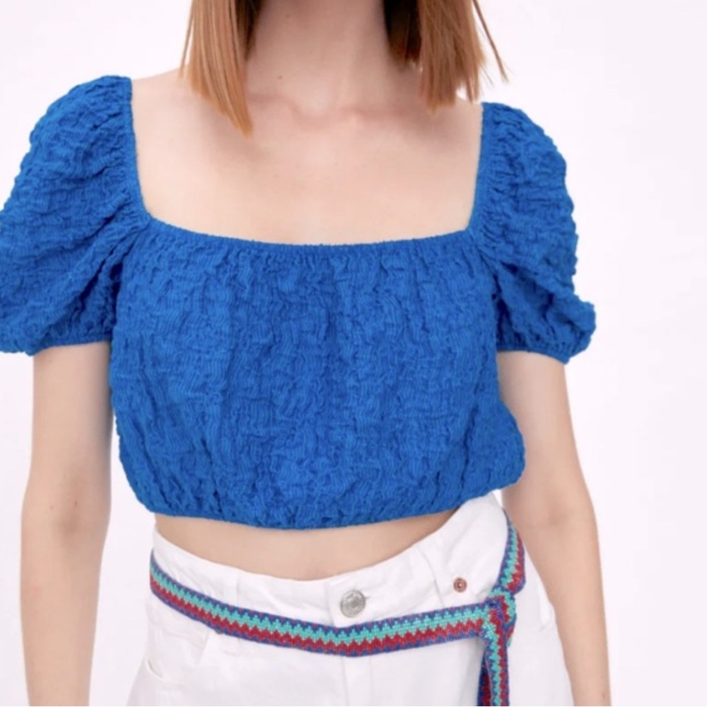 Zara Blue Puff Sleeve Crop Top